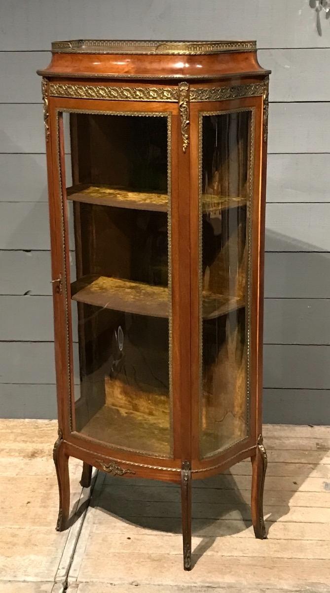 Antique Curved Mahogany Display Cabinet With Bronzes Transition