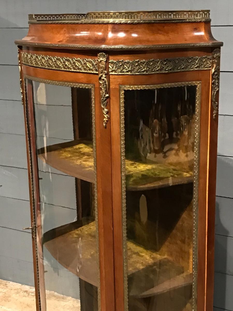 Antique Curved Mahogany Display Cabinet With Bronzes Transition