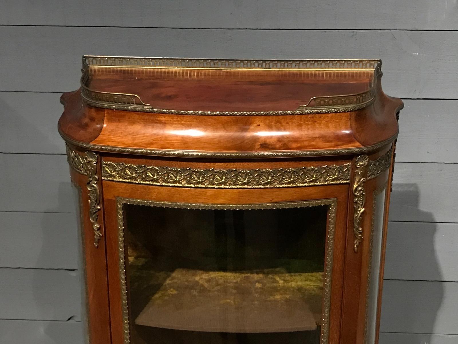 Antique Curved Mahogany Display Cabinet With Bronzes Transition