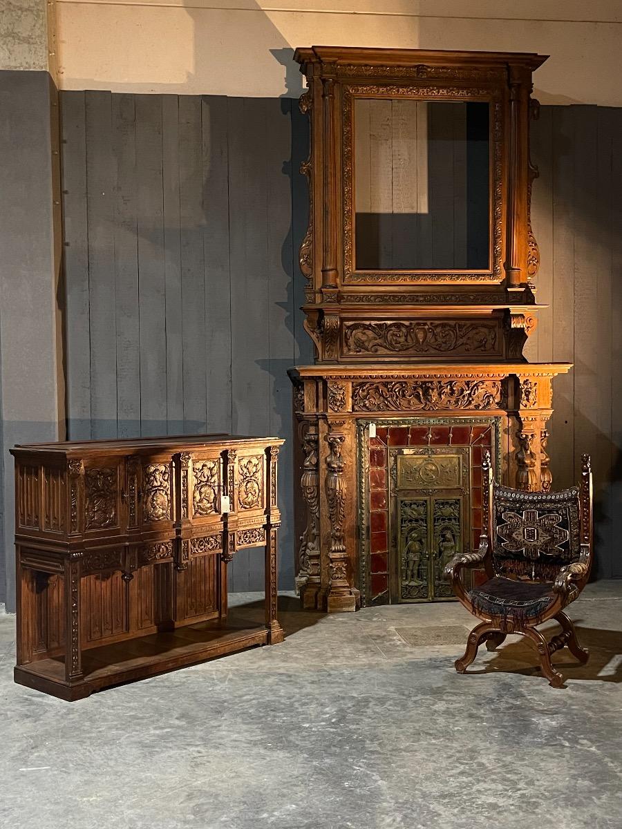 Exceptional oak carved renaissance wood mantle from a castle