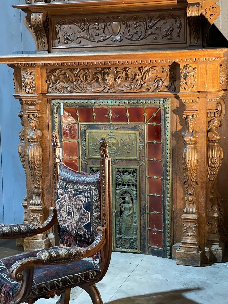 Exceptional oak carved renaissance wood mantle from a castle