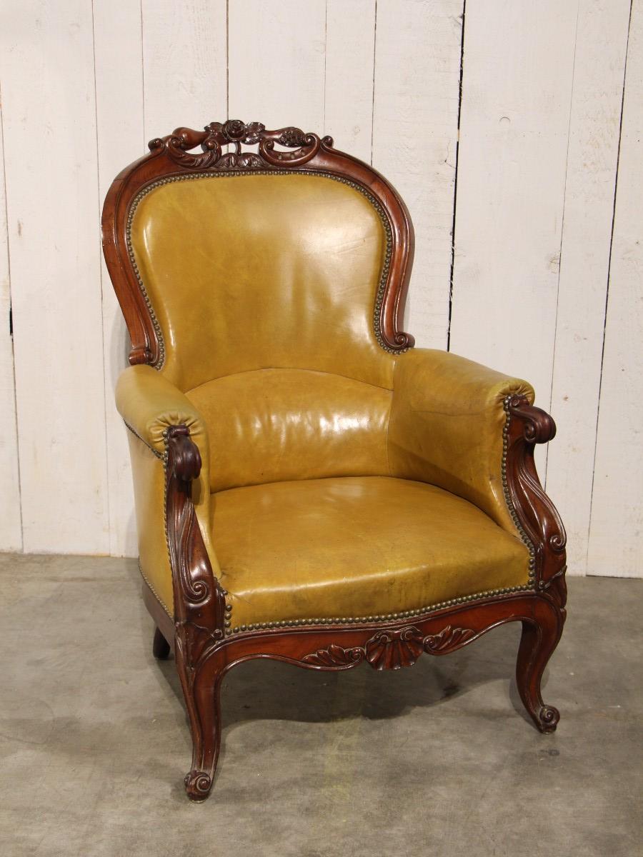 French mahogany bergère with leather Louis XV style