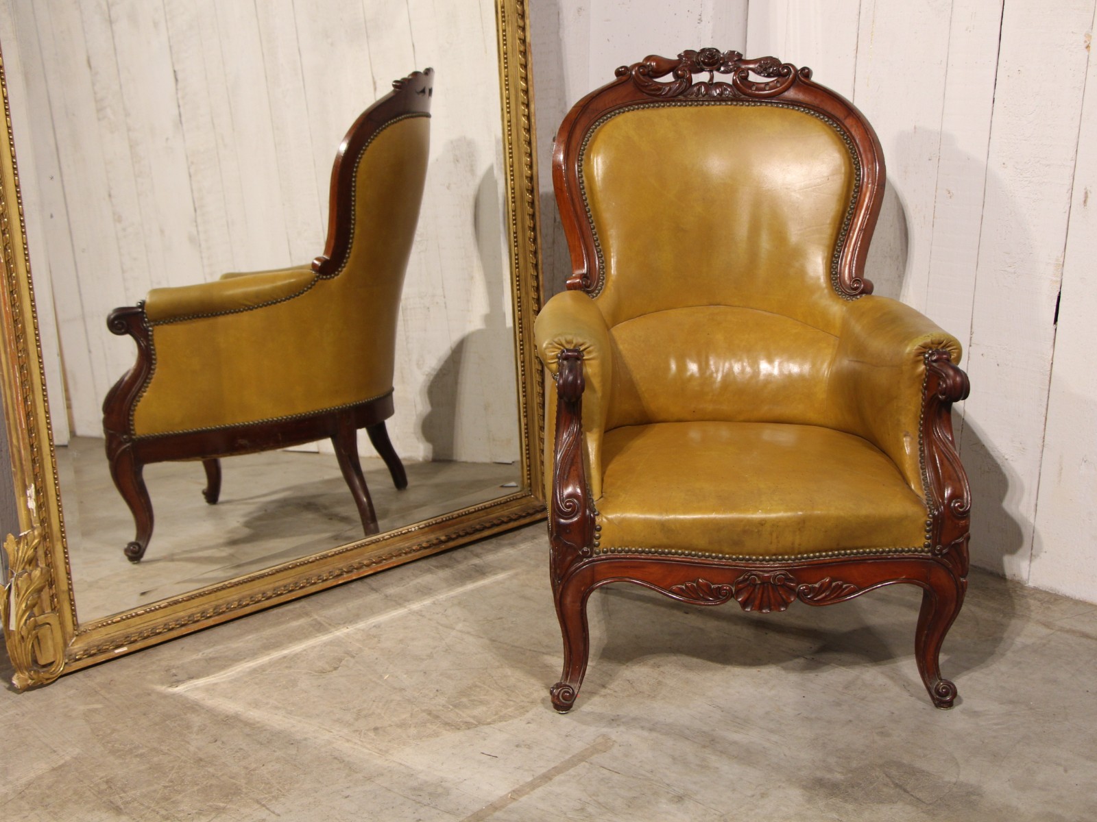 French mahogany bergère with leather Louis XV style