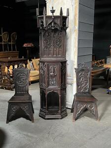 Gothic cabinet and pair gothic chairs 