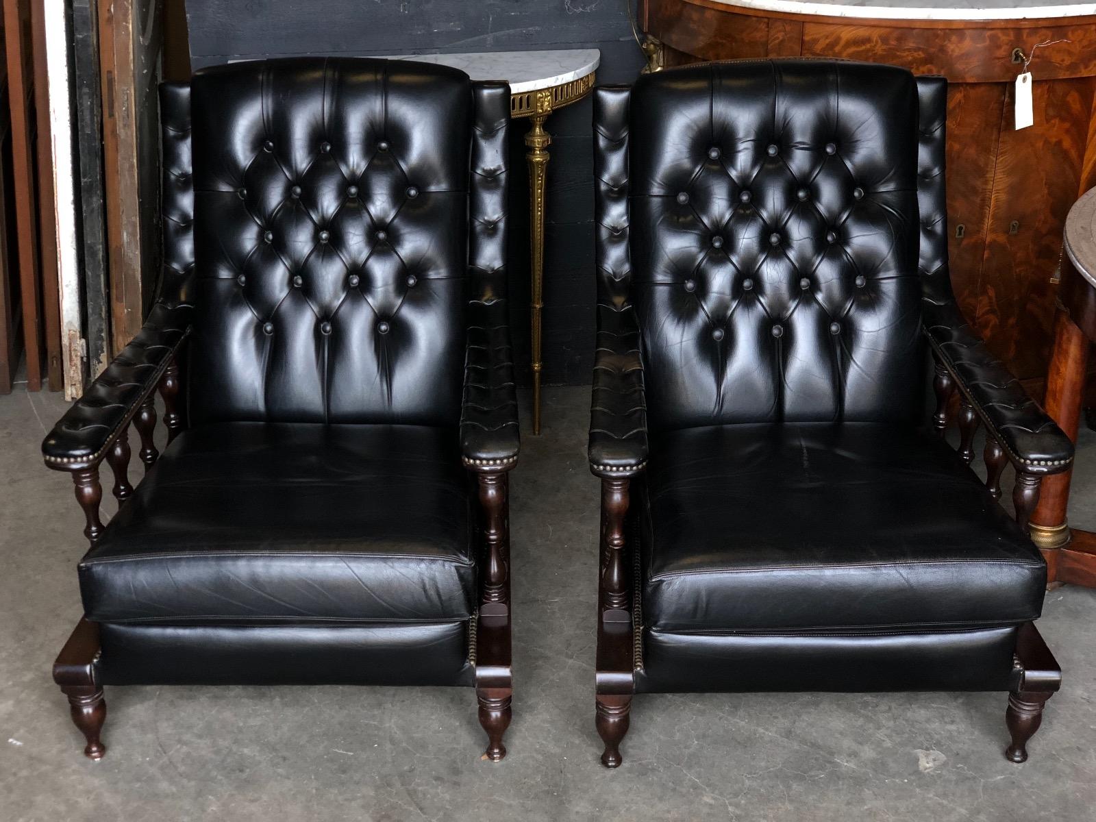 Pair English Leather Library Chairs, Leather Library Chairs