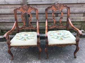  Pair Louis XV Armchairs with Needlpoint Tapestry