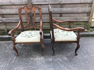 Pair Louis XV Armchairs with Needlpoint Tapestry