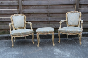 Pair Louis XV Painted Armchairs with Footstool