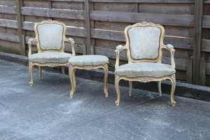 Pair Louis XV Painted Armchairs with Footstool