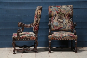 style Pair of Antique Louis XIV Style Oak Wood Fine Carved Armchairs