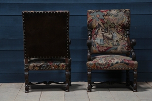 style Pair of Antique Louis XIV Style Oak Wood Fine Carved Armchairs