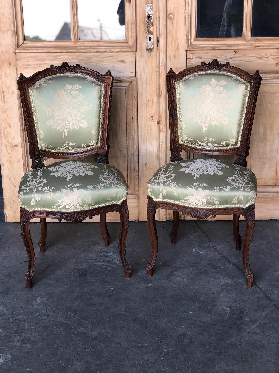 Pair of walnut transition Louis XV /XVI side chairs