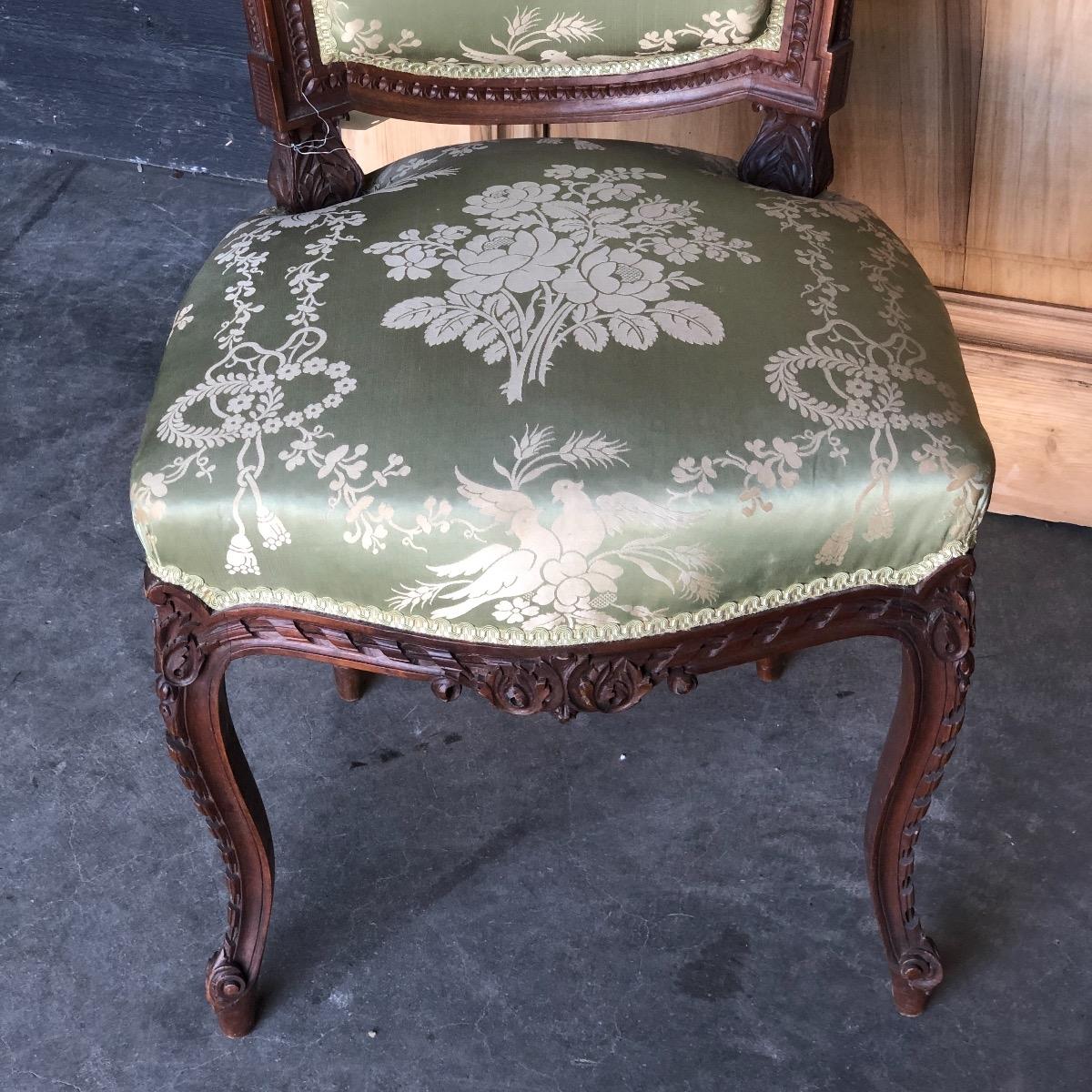 Pair of walnut transition Louis XV /XVI side chairs