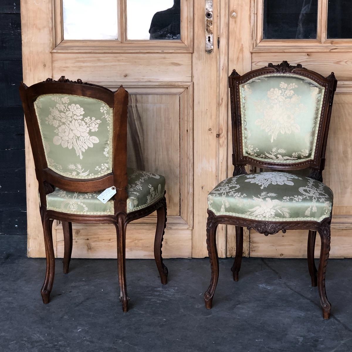 Pair of walnut transition Louis XV /XVI side chairs