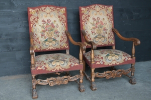 style Pair renaissance armchairs with needlpoint tapestry