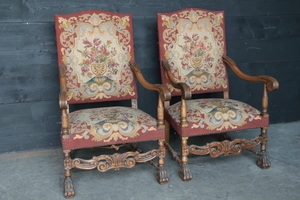 style Pair renaissance armchairs with needlpoint tapestry