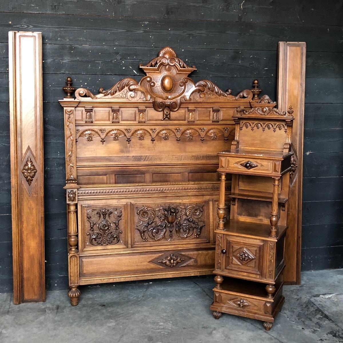 Quality carved renaissance walnut bed and nightstand 