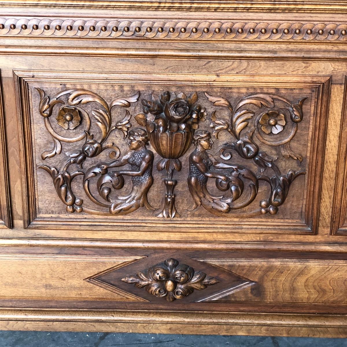 Quality carved renaissance walnut bed and nightstand 