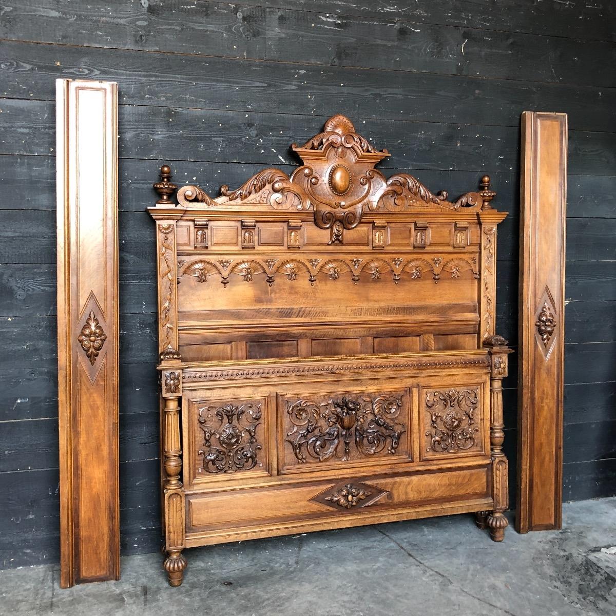 Quality carved renaissance walnut bed and nightstand 