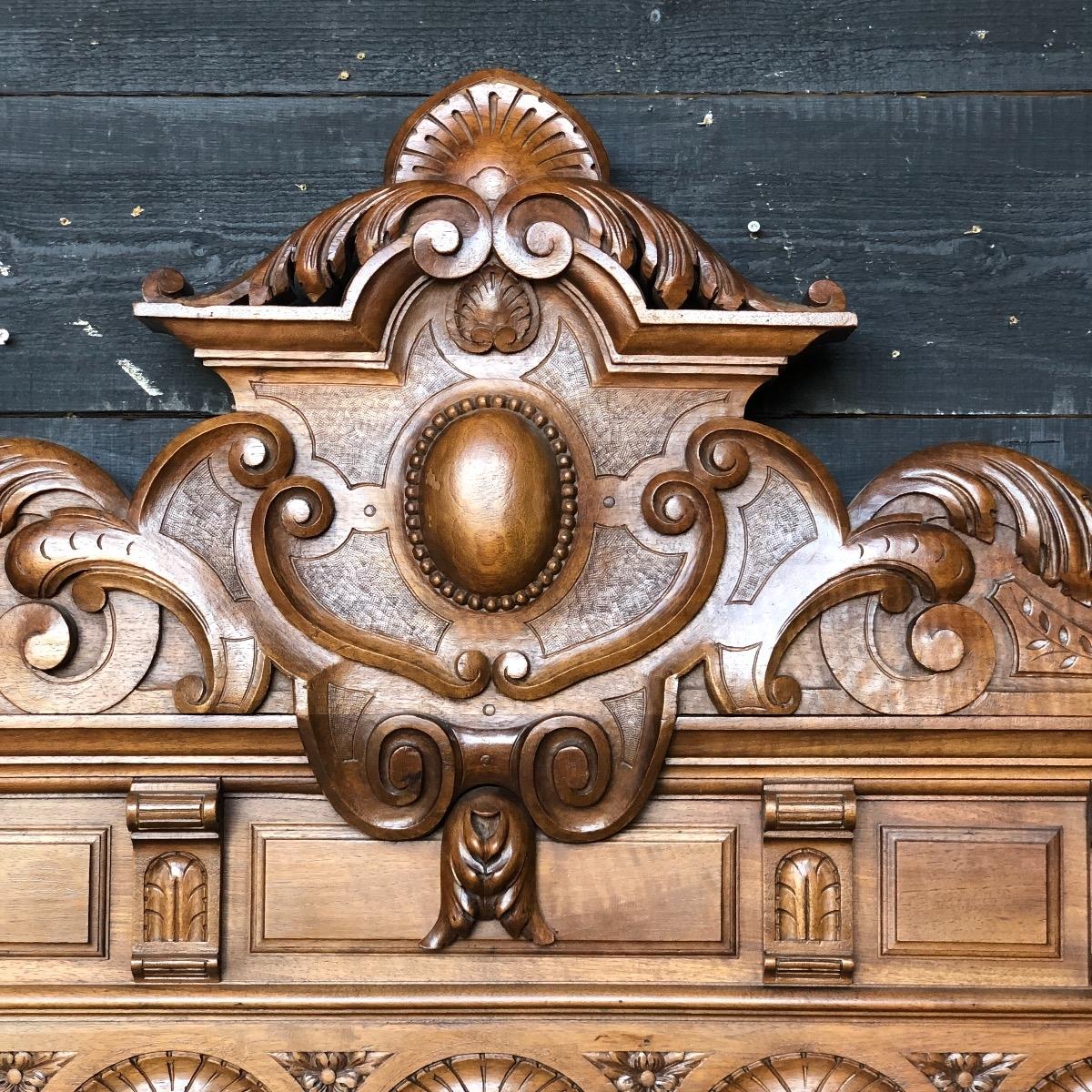 Quality carved renaissance walnut bed and nightstand 