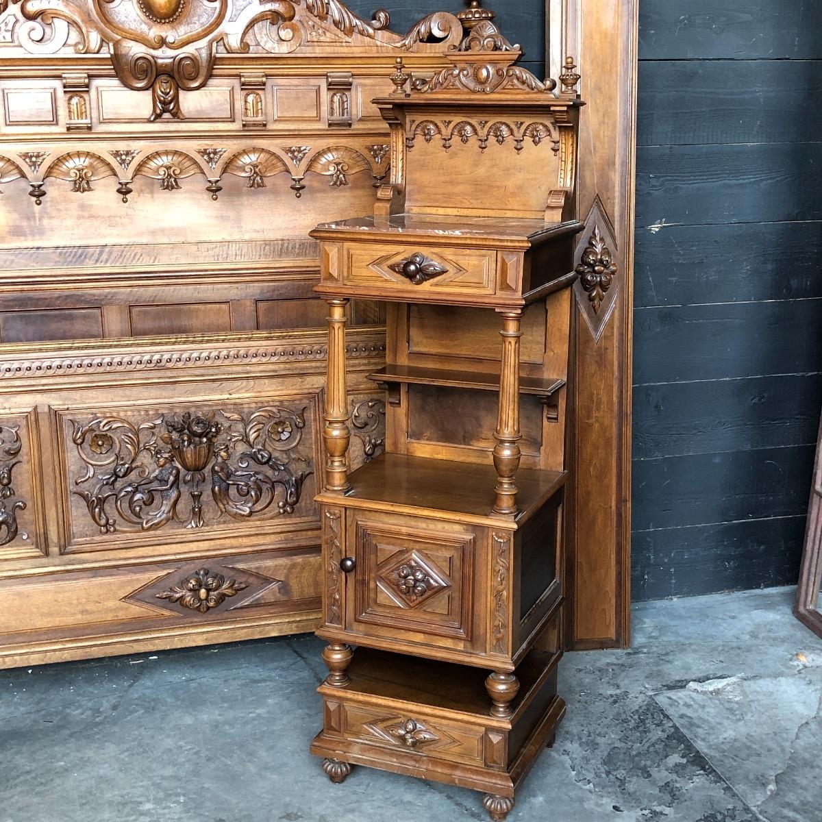 Quality carved renaissance walnut bed and nightstand 