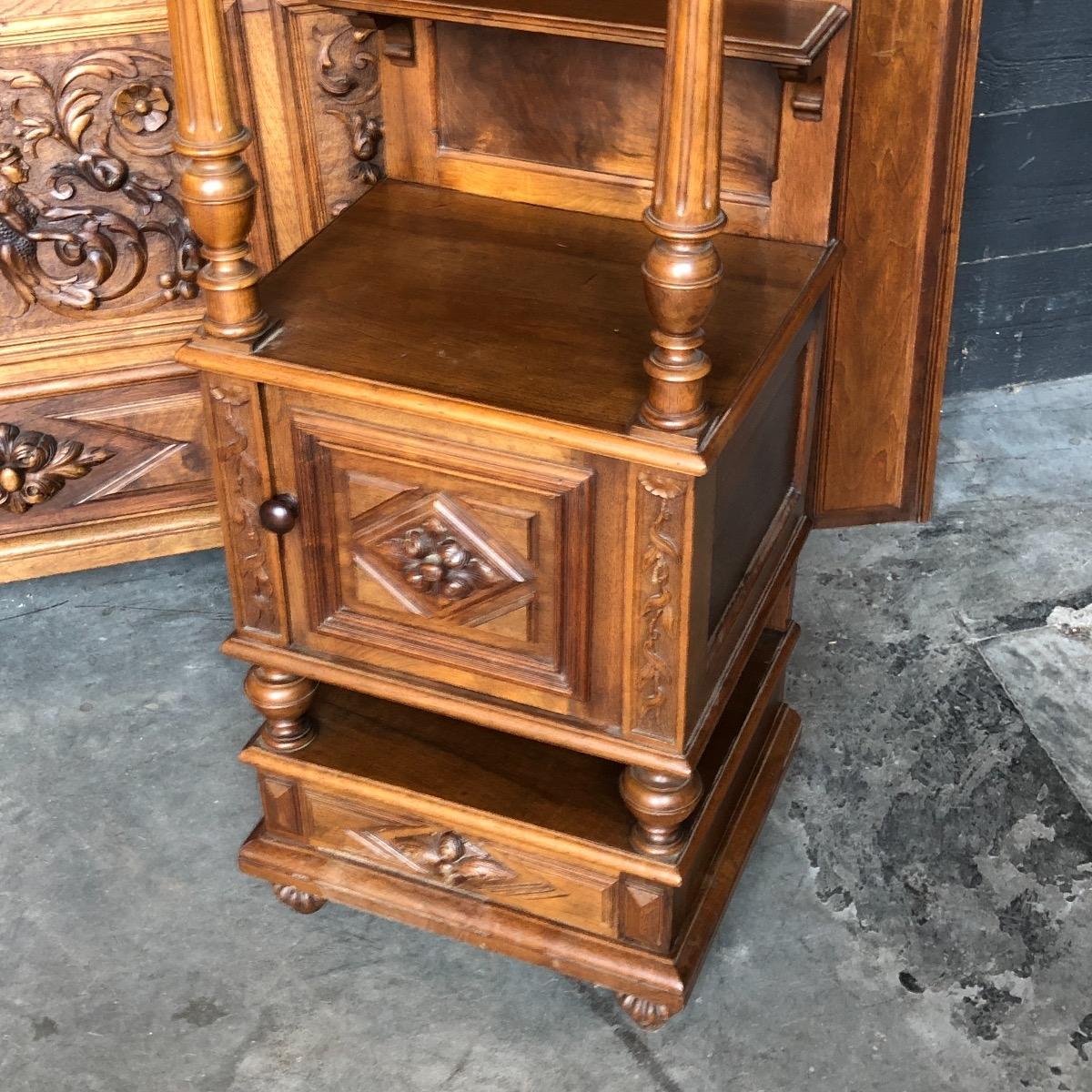 Quality carved renaissance walnut bed and nightstand 