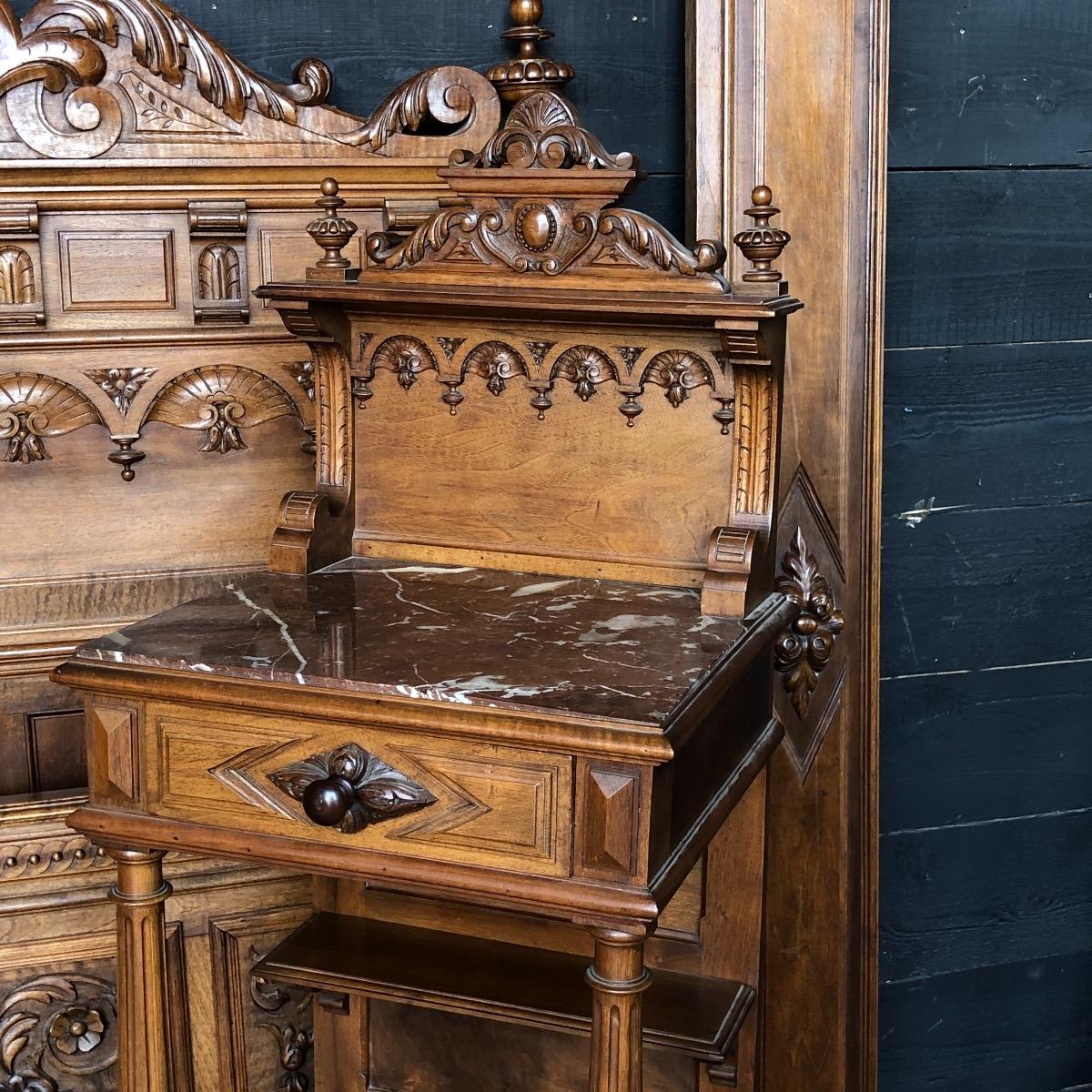 Quality carved renaissance walnut bed and nightstand 