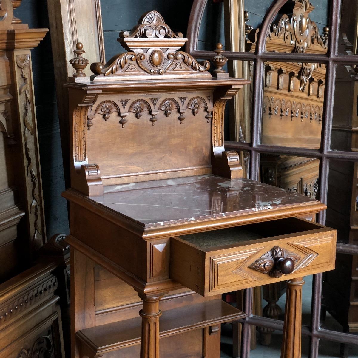 Quality carved renaissance walnut bed and nightstand 